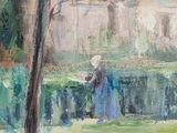 painting of a woman in a blue dress walking through a park