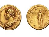a gold coin with an image of a man and a woman on it