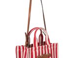 un sac rayé rouge et blanc avec un chien marron dessiné dessus