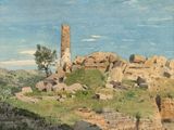an image of a painting of rocks and a tower on a hill
