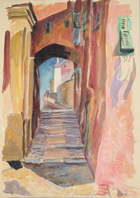 peinture représentant une ruelle avec des marches menant à un immeuble