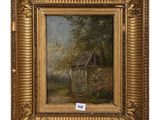an oil painting of a cottage in a wooded setting