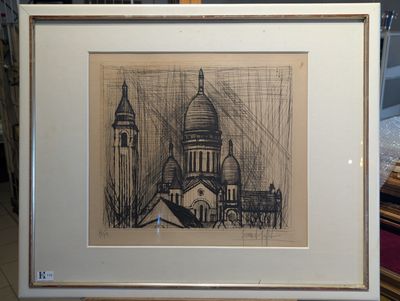 drawing of a church with a steeple and a steeple in the background
