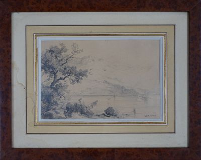 une vieille photo représentant un tableau représentant un paysage avec une rivière en arrière-plan