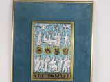 painting of a group of animals on a blue background in a gold frame