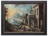 an oil painting of a group of people on a path by a river
