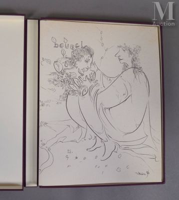 un dessin représentant une femme assise sur un banc à côté d'un vase de fleurs
