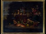 peinture d'une nature morte de fruits et légumes sur une table
