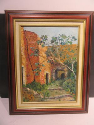 framed oil painting of an old brick building with a tree in the foreground