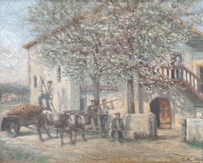 une peinture représentant une calèche devant un immeuble