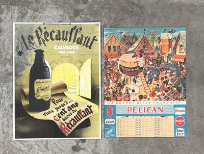 two posters on the wall next to a bottle of beer