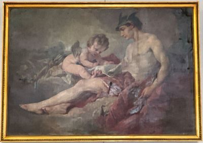 une peinture représentant un homme et une femme assis sur un canapé