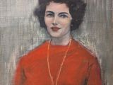 tableau représentant une femme en robe rouge portant un collier en or