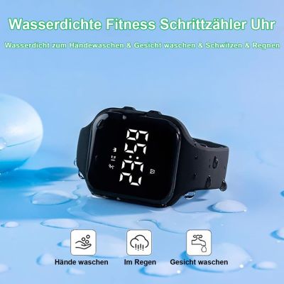 une image représentant une montre connectée noire avec des gouttelettes d'eau sur un fond bleu