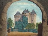 un tableau représentant des cygnes et des canards devant un château