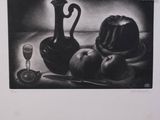 a drawing of a still life with a pitcher and a glass