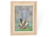 tableau représentant deux poulets devant une porte bleue sur un mur blanc