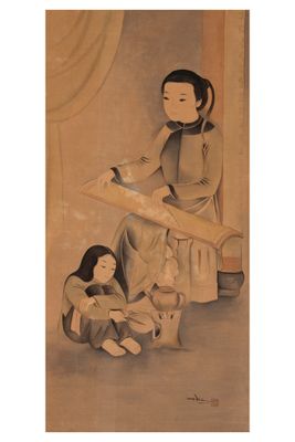 un tableau représentant une femme assise par terre à côté d'un enfant