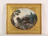 an image of a painting of a landscape with a river in the foreground