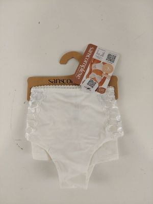 white panties with a tag on a hanger on a white surface