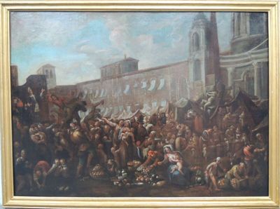 un tableau représentant une grande foule dans une ville