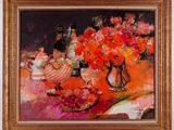 a painting of flowers in a vase on a table