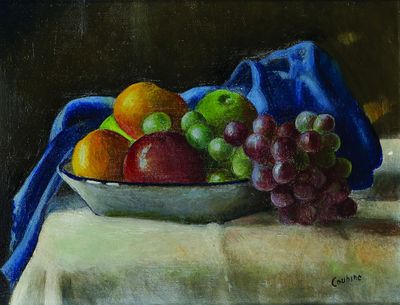 une peinture représentant une coupe de fruits sur une table