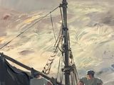 a painting of a man standing on a boat in the water