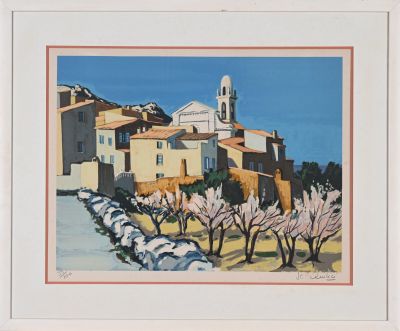 an image of a painting of a village with trees in the foreground