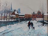 une peinture à l'huile représentant deux personnes marchant dans la neige devant une église
