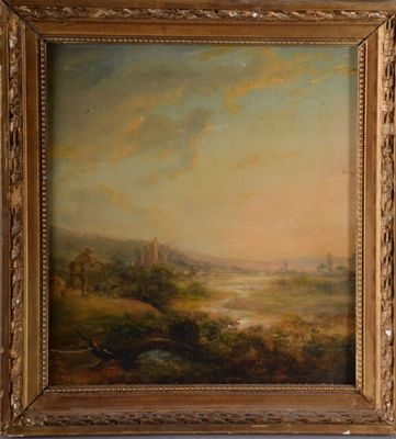 an oil painting of a landscape with a castle in the distance