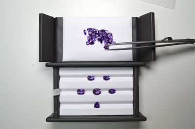 une photo d'une vitrine sur laquelle sont disposées des pierres violettes