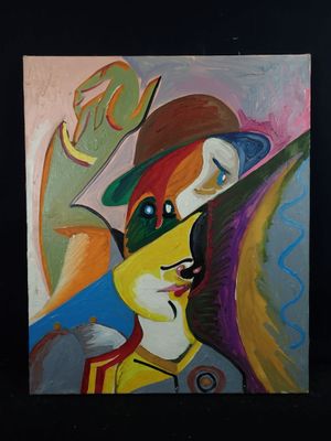 un tableau représentant une femme avec un chapeau et un chat