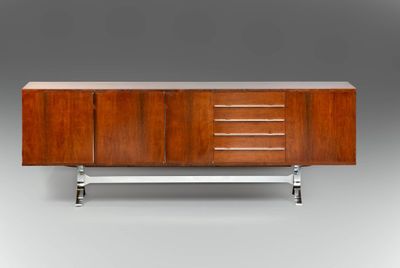 an image of a wooden sideboard with metal legs and drawers