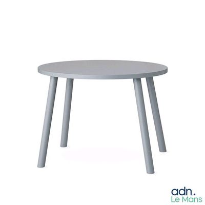 the table is made of wood and has a grey top