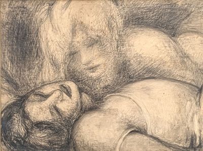 a drawing of a man laying down on a bed