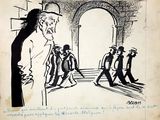 drawing of a man in a top hat walking past a group of men