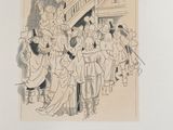 a drawing of a group of people standing in front of a building