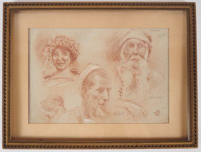 un dessin représentant trois hommes coiffés de chapeaux et portant la barbe, dans un cadre