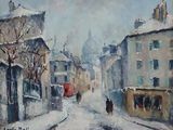painting of a snowy street scene with people walking down the street