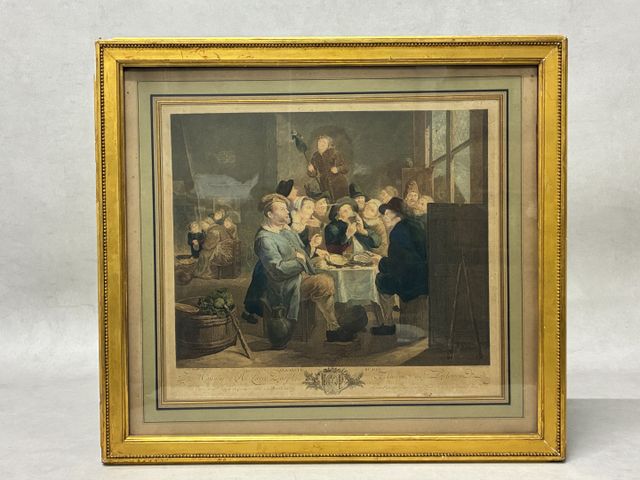 Estampe en cadrée et sous verre « A la santé du roi ». 43x48