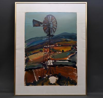 un tableau représentant un moulin à vent dans un champ, avec des collines en arrière-plan