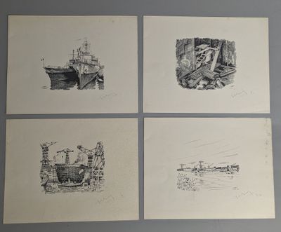 four drawings of a boat, a boat, and a boat on a table