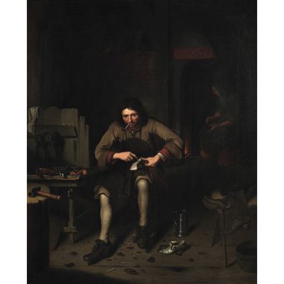 un tableau représentant un homme assis dans une pièce sombre, tenant un livre