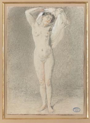 an image of a drawing of a nude woman with her hands on her head