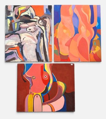 three paintings of a woman and a man on a white background
