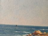 an oil painting of a sailboat in the ocean with rocks in the foreground