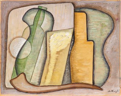 une image représentant une nature morte peinte, avec une bouteille et un couteau