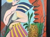 un tableau représentant une femme avec un hibou posé sur une table