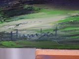 a close up of a painting of a green field